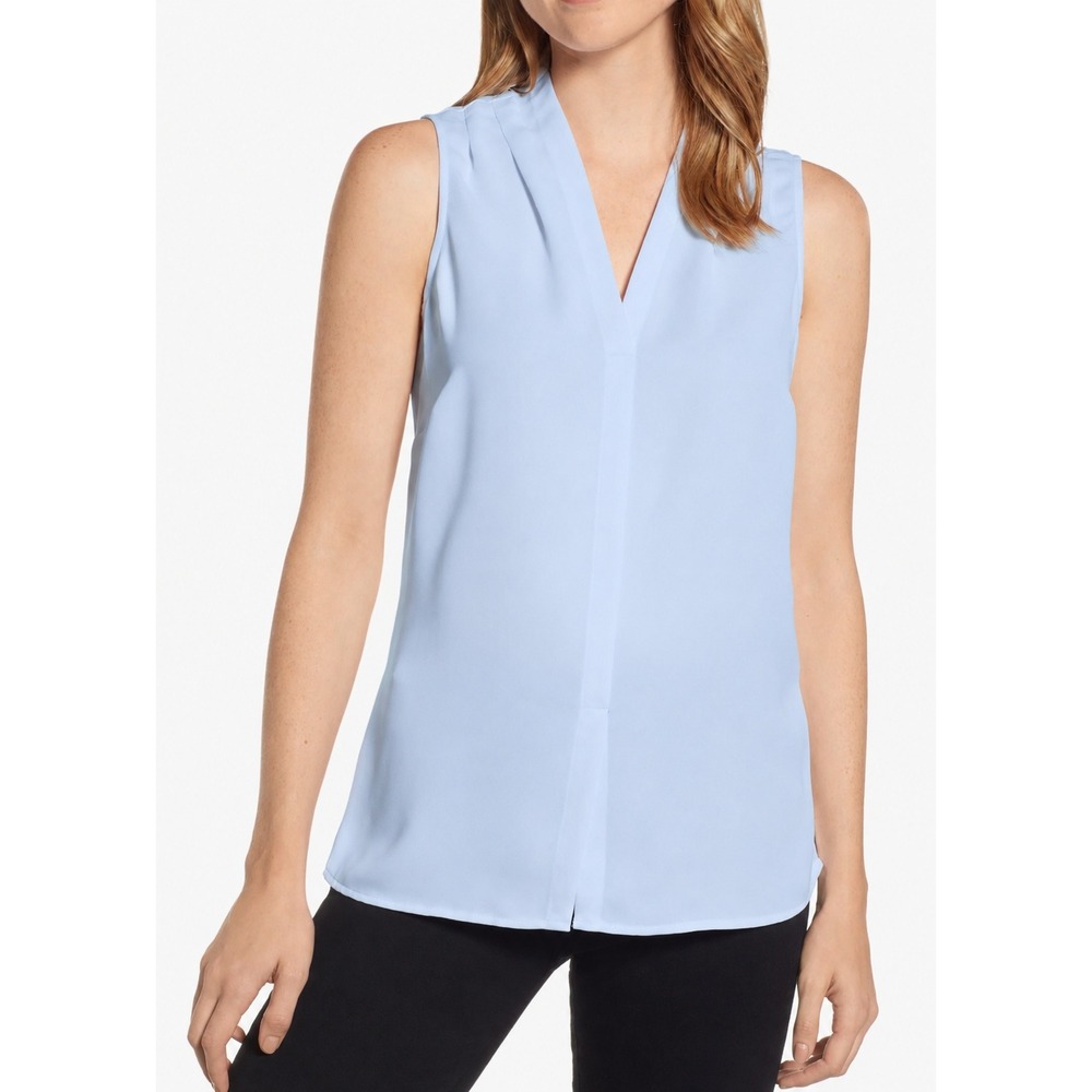 NIC+ZOE Womens Light Sky Blue Pleated V-Neck Sleeveless Blouse NEW S